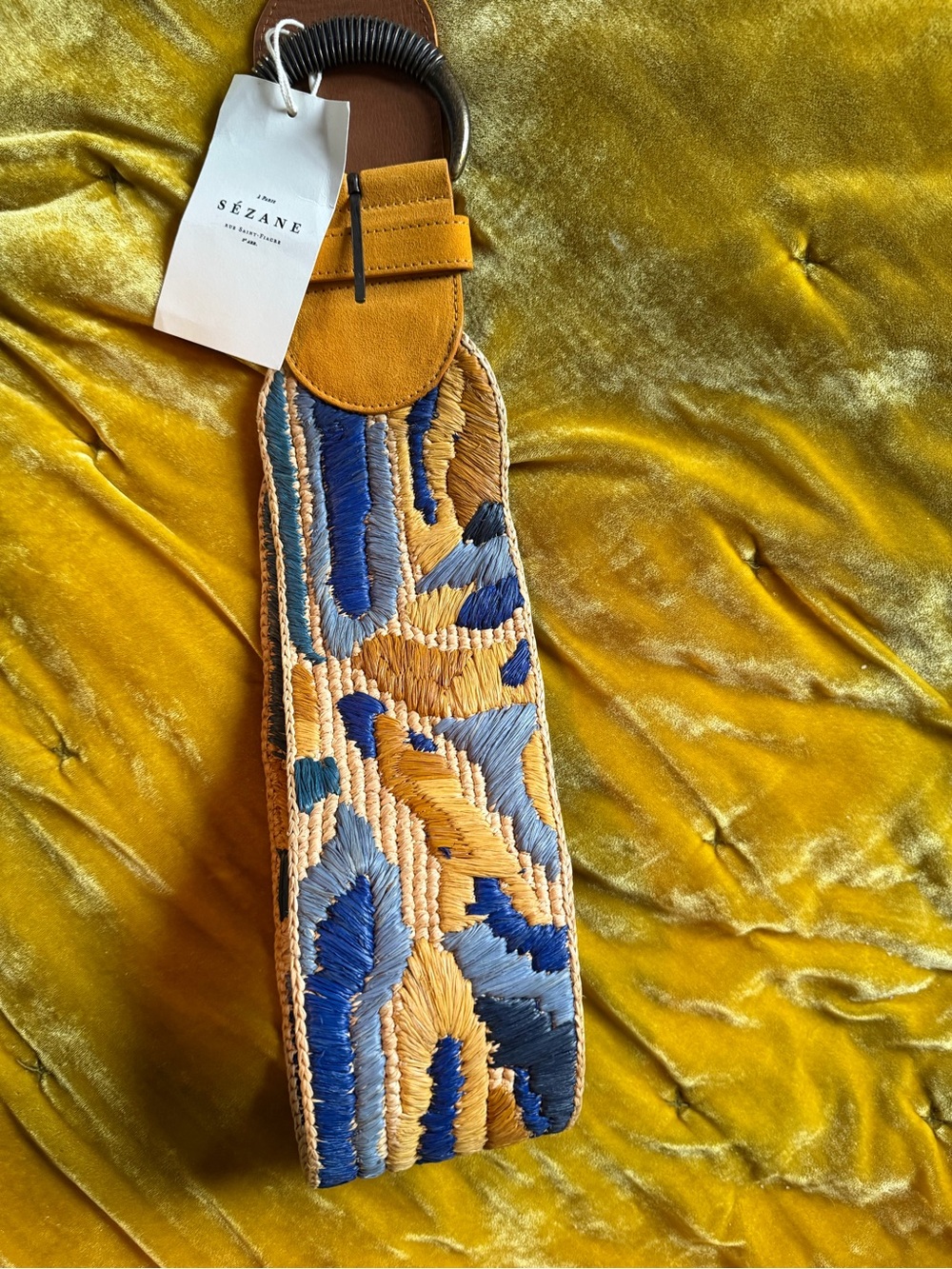 Sezane Mustard Yellow & Blue Embroidered Leather Guitar Strap